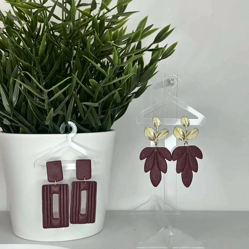 Boucles d’oreilles Ophélie et Sofia Prune – bijou fait main en pâte polymère, modèle unique