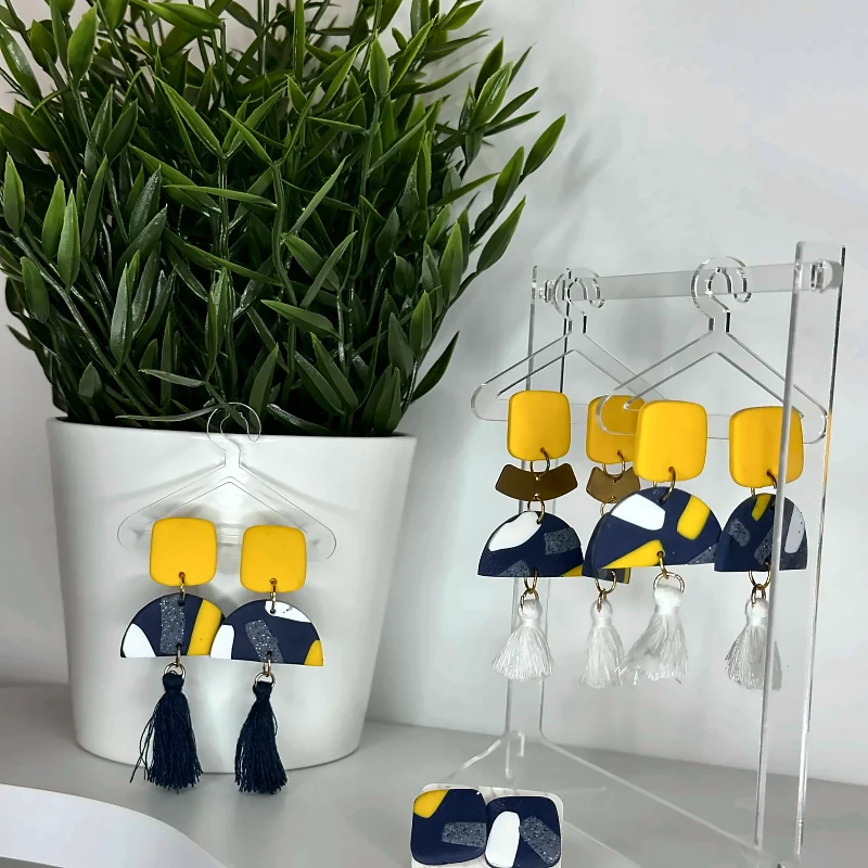 Boucles d’oreilles Collection vermicelles jaune & marine – bijou fait main en pâte polymère