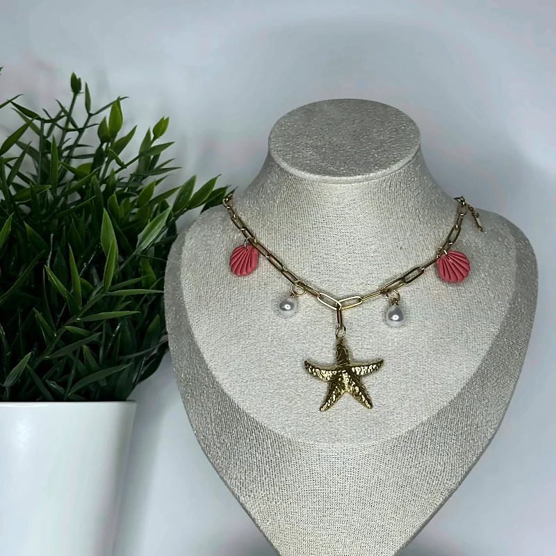 Collier charms coquillage terracota – bijou fait main en pâte polymère